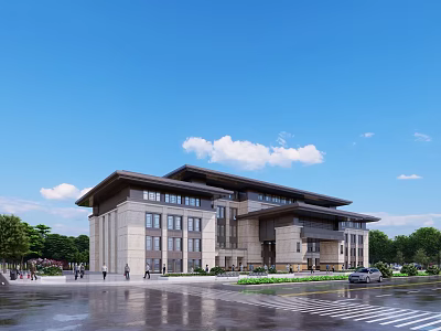 Modern Office Building With Stone Exterior Multi Story Design And Green Landscaped Surroundings 3d model