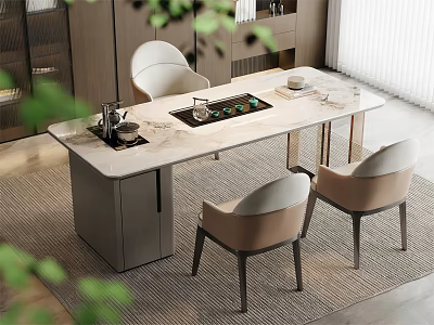 Modern Tea Table And Chairs With Marble Top And Tea Set In Interior Design 3d model