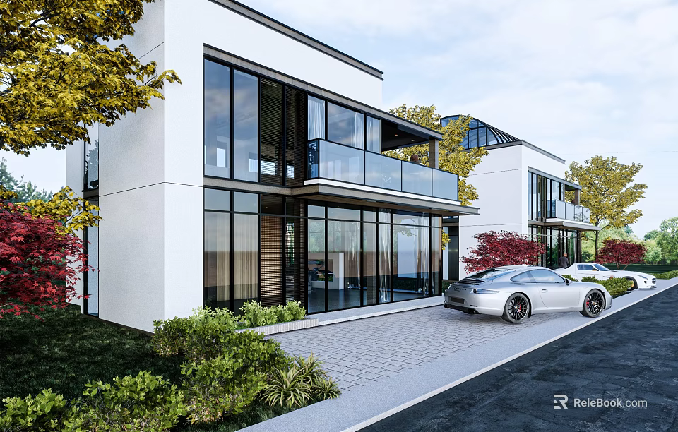 Modern White Detached Villa Exterior With Large Glass Windows Balcony Garden Plants And Driveway Car 3d model 