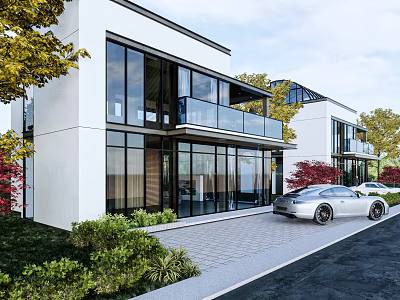 Modern White Detached Villa Exterior With Large Glass Windows Balcony Garden Plants And Driveway Car 3d model