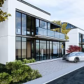 Modern White Detached Villa Exterior With Large Glass Windows Balcony Garden Plants And Driveway Car