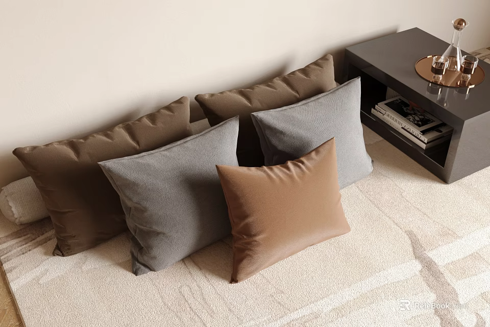Cozy Brown and Gray Leather Fabric Pillows in Living Room with Soft Carpet 3d model 