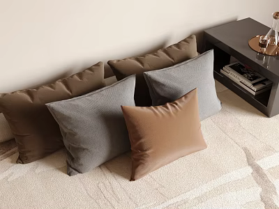 Cozy Brown and Gray Leather Fabric Pillows in Living Room with Soft Carpet 3d model