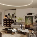 Modern Living Room Interior With Gray Sofa Round Rug Coffee Table Floor Lamp And Potted Plants