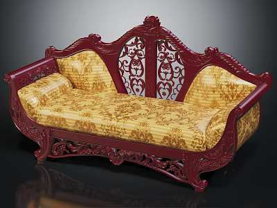 Traditional Wooden Sofa With Red Carved Frame And Yellow Floral Pattern Cushions 3d model