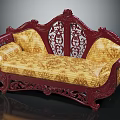 Traditional Wooden Sofa With Red Carved Frame And Yellow Floral Pattern Cushions