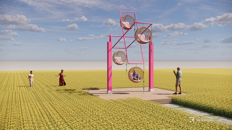 Pink Outdoor Play Equipment Featuring Circular Seats in Yellow Field with People Playing 3d model 