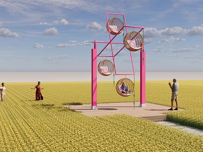 Pink Outdoor Play Equipment Featuring Circular Seats in Yellow Field with People Playing 3d model