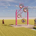 Pink Outdoor Play Equipment Featuring Circular Seats in Yellow Field with People Playing