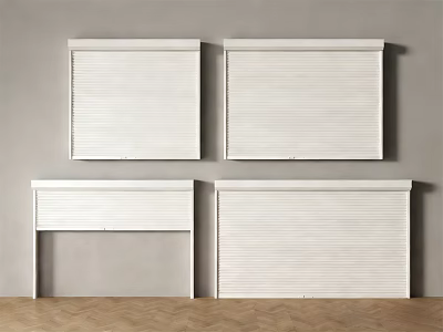 White Roller Blinds Four Panel Design On Gray Wall With Wooden Floor 3d model
