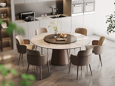 Elegant Round Marble Dining Table Set With Six Beige Chairs In Modern Kitchen Space 3d model