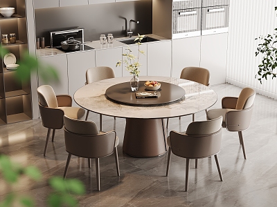 Marble Dining Table and Chair Combination Light Luxury Dining Room Round Dining Table Rock Board Dining Table Leather Dining Chair Six-person Cabinet Wine Cabinet Kitchen Supplies Vase 3d model