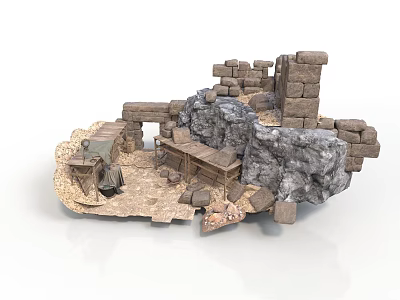 Modern Outdoor Space With Stone Structures Wooden Tables And Canvas Tent 3d model