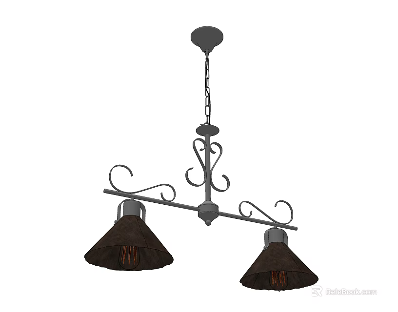 Vintage Chandelier With Two Dark Lampshades And Curved Decorative Metal Frame 3d model 