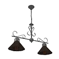 Vintage Chandelier With Two Dark Lampshades And Curved Decorative Metal Frame