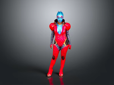 Blue Skinned Humanoid Character In Red Futuristic Armor With Blue Details 3d model