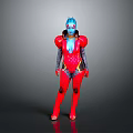 Blue Skinned Humanoid Character In Red Futuristic Armor With Blue Details