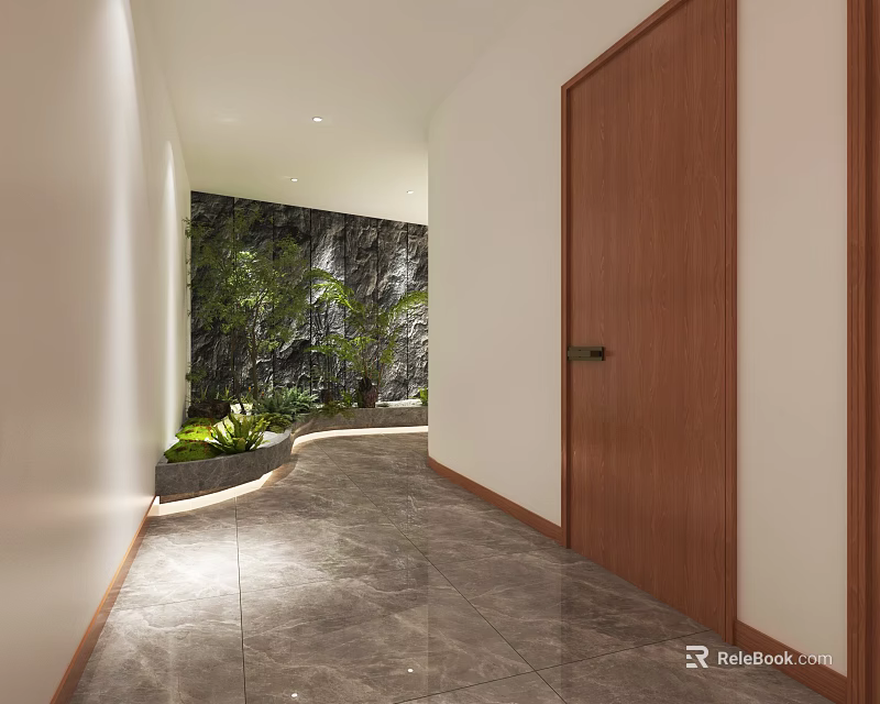 Restaurant Corridor Design With Stone Wall Green Plants Wooden Door And Gray Marble Tiles 3d model 