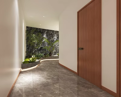 Restaurant Corridor Design With Stone Wall Green Plants Wooden Door And Gray Marble Tiles 3d model
