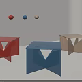 Modern Geometric Red Blue And Beige Stools With Hanging Colored Balls 3d model