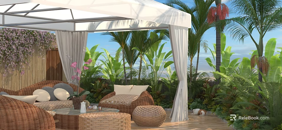 Tropical Balcony Home Design With White Canopy Wicker Furniture Green Plants And Sea View 3d model 
