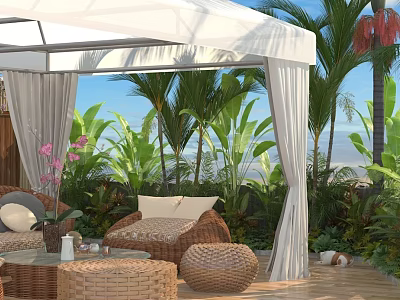 Tropical Balcony Home Design With White Canopy Wicker Furniture Green Plants And Sea View 3d model