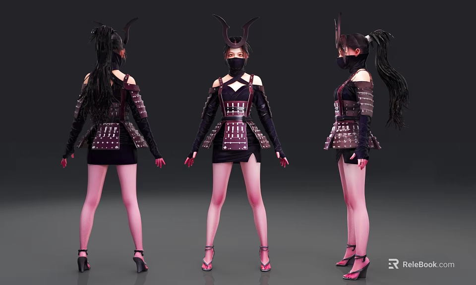 Woman in Armored Costume with Mask Ponytail Front Back Side Views Black Purple High Heels 3d model 