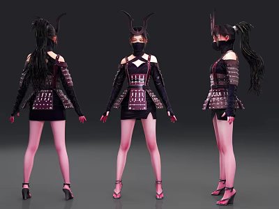 Woman in Armored Costume with Mask Ponytail Front Back Side Views Black Purple High Heels 3d model