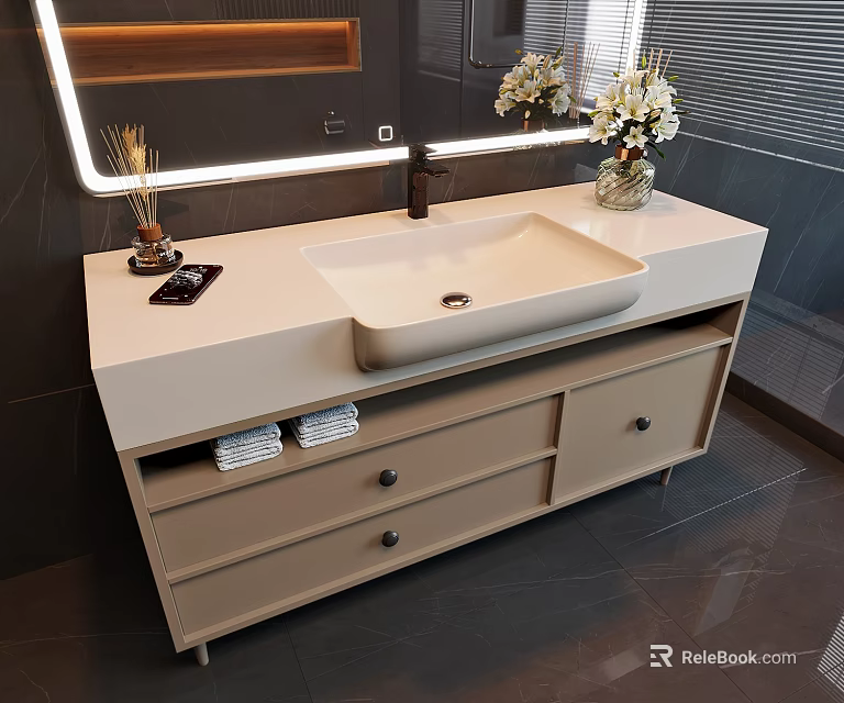 Elegant Modern Bathroom Vanity with Light Countertop Wooden Drawers LED Mirror and White Flowers 3d model 