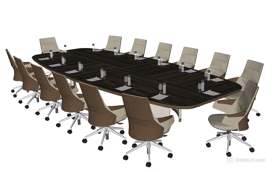 Dark Wooden Conference Table With Rolling Office Chairs And Water Bottles In Modern Meeting Room 3d model 