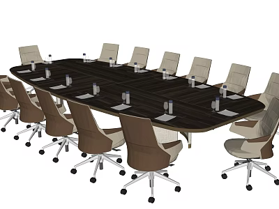 Dark Wooden Conference Table With Rolling Office Chairs And Water Bottles In Modern Meeting Room 3d model