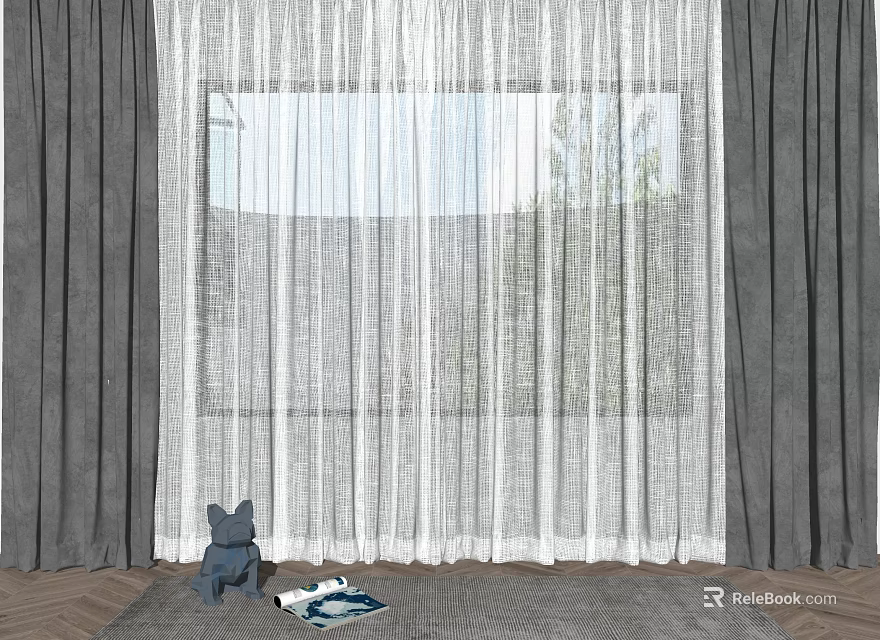 Layered Gray And White Sheer Curtains For Window With Natural Light And Green Plants View 3d model 