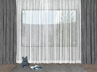 Layered Gray And White Sheer Curtains For Window With Natural Light And Green Plants View 3d model