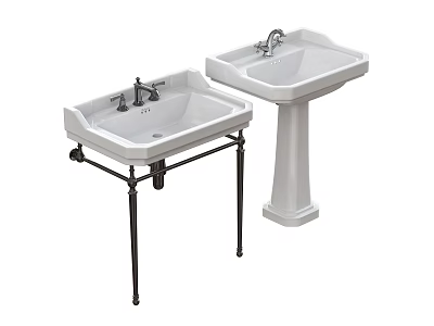 Two White Washbasins With Black Metal Stand And Pedestal Design For Bathroom 3d model