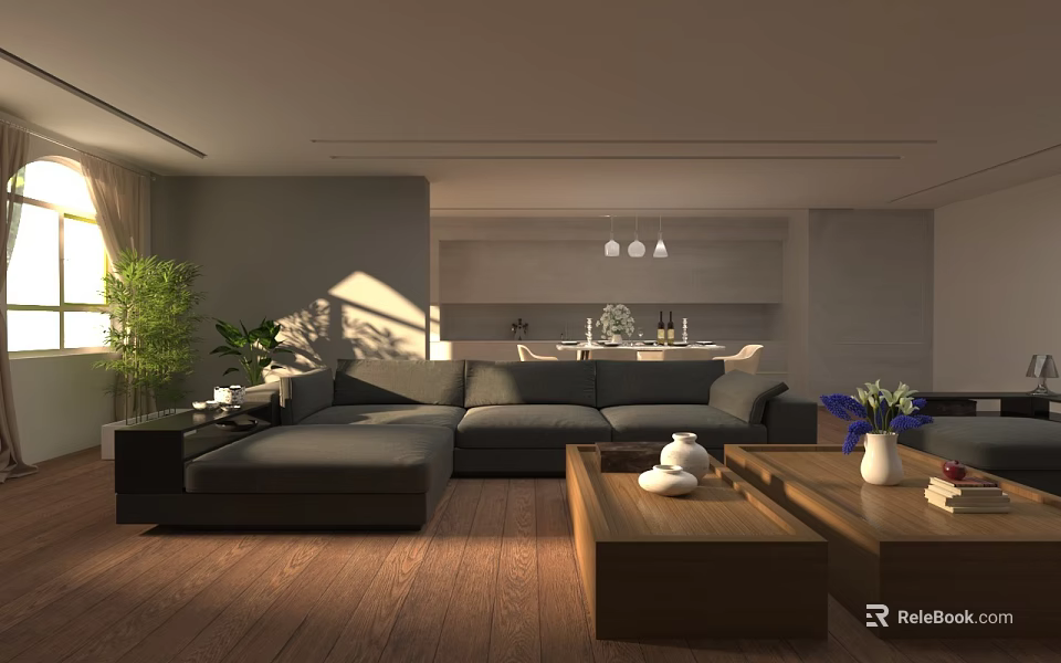 Modern Living and Dining Room Interior With Gray L Shaped Sofa Wooden Floor And Plants 3d model 