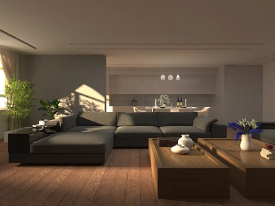 Modern Living and Dining Room Interior With Gray L Shaped Sofa Wooden Floor And Plants 3d model