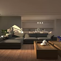 Modern Living and Dining Room Interior With Gray L Shaped Sofa Wooden Floor And Plants