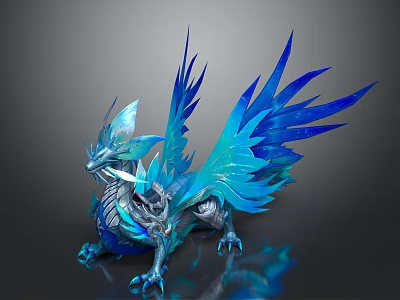 3D Rendered Blue Dragon Game Movie Character Standing With Feathered Wings Sharp Claws Silver Body 3d model