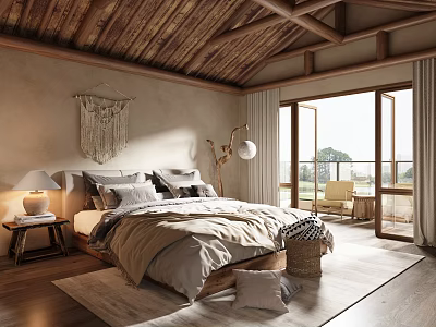 Cozy Hotel Guest Room With Wooden Roof Beige Walls Floor To Ceiling Windows Balcony Chair 3d model