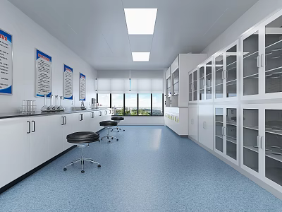 Modern Laboratory Interior With White Cabinets Blue Flooring Lab Benches Stools And Glass Display Cabinets 3d model