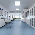 Modern Laboratory Interior With White Cabinets Blue Flooring Lab Benches Stools And Glass Display Cabinets