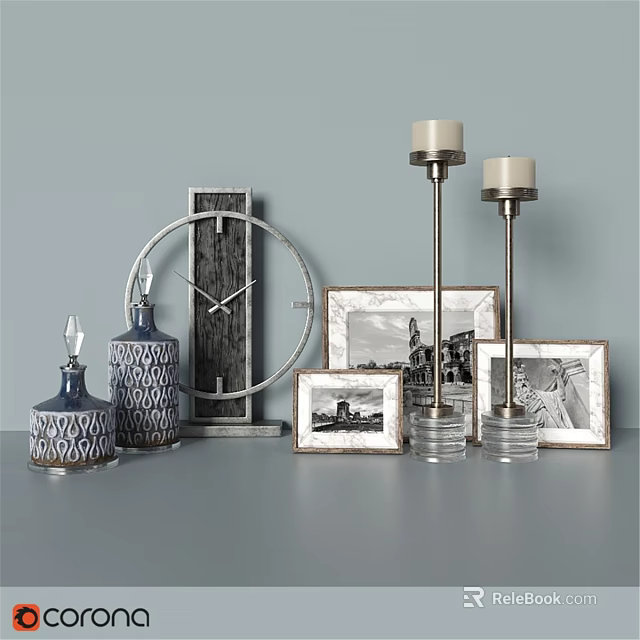Modern Decorative Ornament Set with Clock Bottles Frames and Candle Holders 3d model 