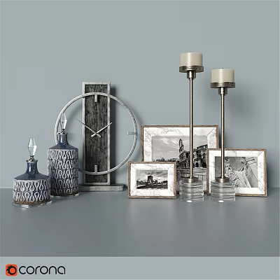 Modern Decorative Ornament Set with Clock Bottles Frames and Candle Holders 3d model