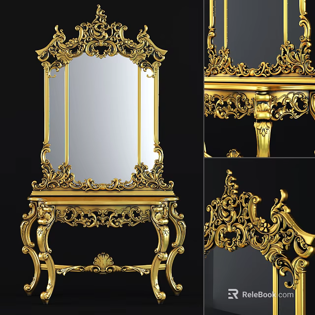 Luxurious Golden Dressing Table With Intricate Carvings And Decorative Mirror 3d model 