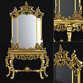 Luxurious Golden Dressing Table With Intricate Carvings And Decorative Mirror