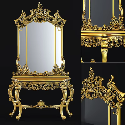 Luxurious Golden Dressing Table With Intricate Carvings And Decorative Mirror 3d model