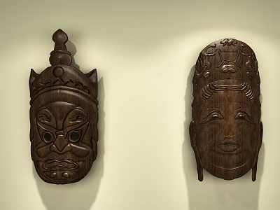 Hand Carved Wooden Masks With Traditional Facial Features On Display Wall 3d model