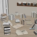 Books and Magazines Display with Stacked Open and Shelved Arrangements on Floor
