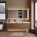 Modern Bathroom Vanity With Wooden Cabinet Double Sink Mirror And Ambient Lighting
