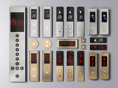 Various Elevator Button Control Panels With Digital Displays And Metallic Finishes 3d model